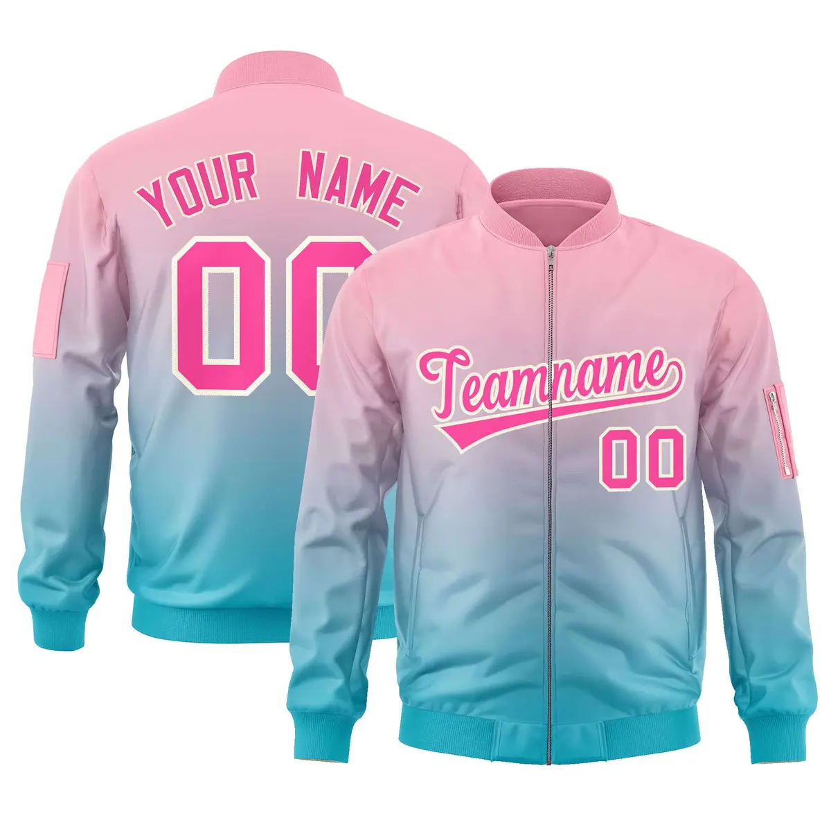 Pink Light Blue Gradient Full-Zip Letterman Bomber Jacket