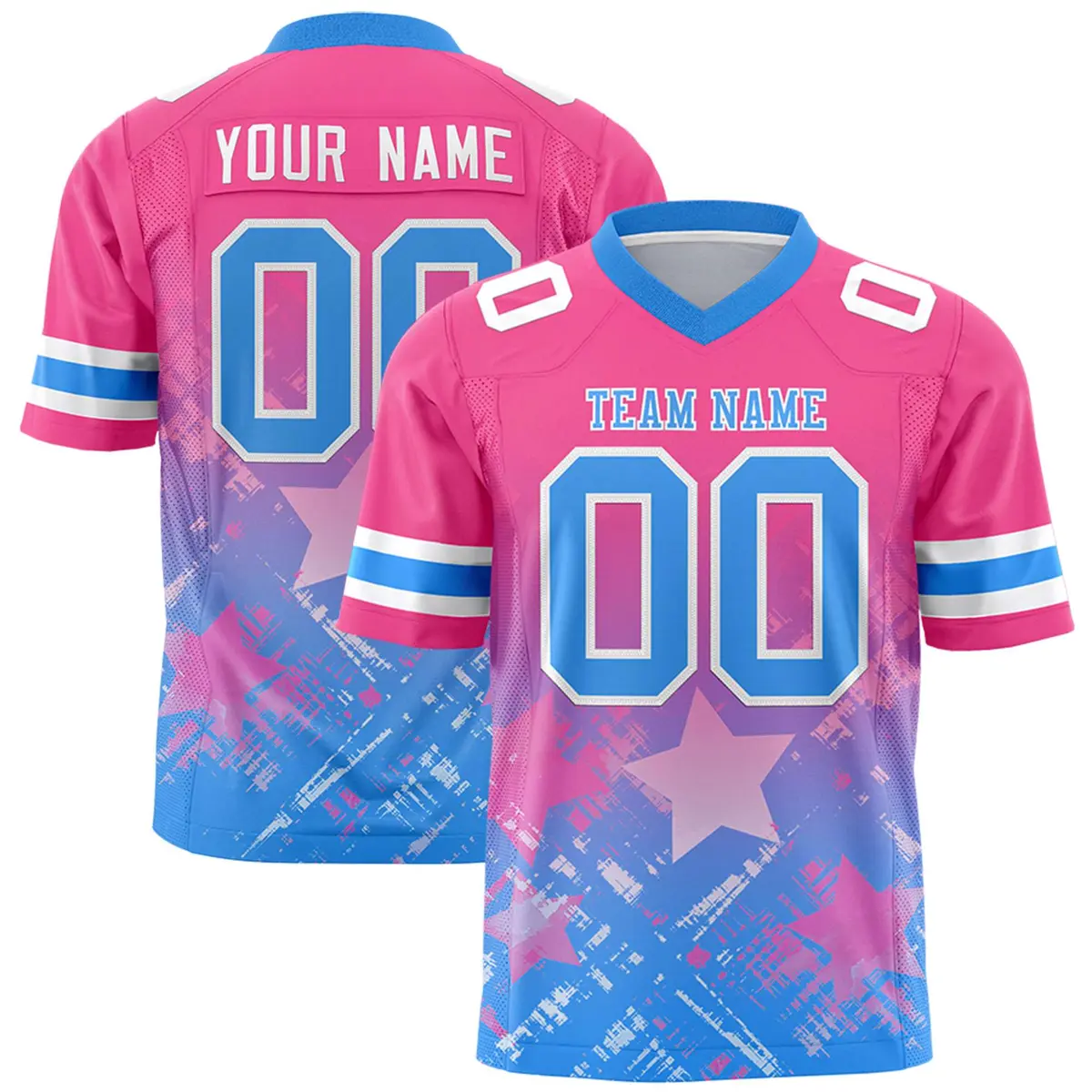 Pink Light Blue Star Gradient Flag Football Jersey