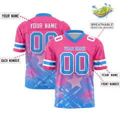 Pink Light Blue Star Gradient Flag Football Jersey 2