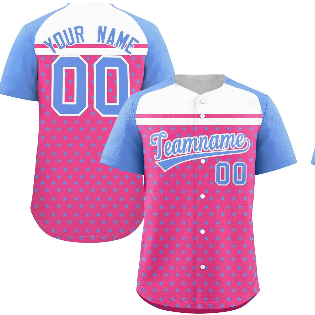Pink Light Blue White Raglan Star Print Baseball Jersey