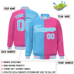 Pink Light Blue-White Split Two Tone Letterman Varsity Full-Snap Jacket 2