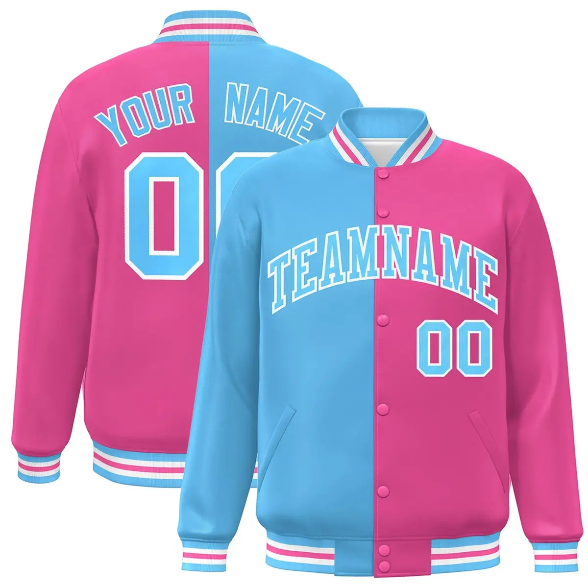 Pink Light Blue-White Split Two Tone Letterman Varsity Full-Snap Jacket