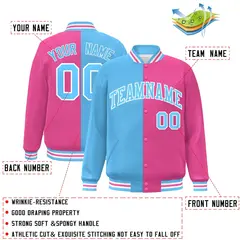 Pink Light Blue-White Split Two Tone Letterman Varsity Full-Snap Jacket 2