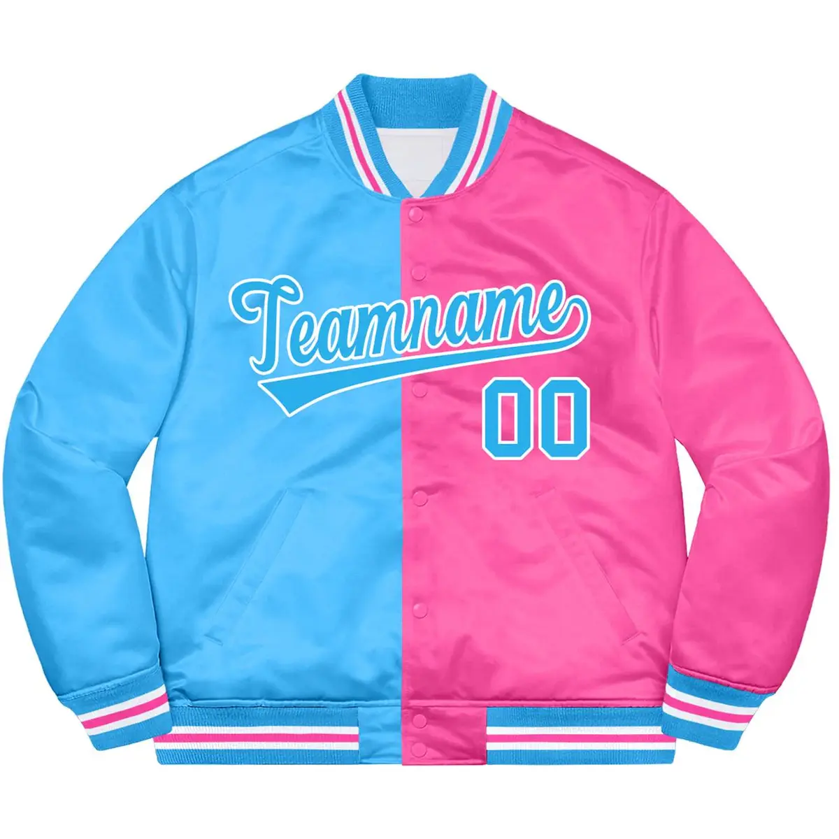 Pink Light Blue-White Two Tone Split Letterman Bomber Varsity Jacket