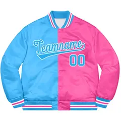 Pink Light Blue-White Two Tone Split Letterman Bomber Varsity Jacket