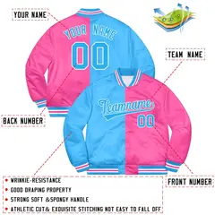 Pink Light Blue-White Two Tone Split Letterman Bomber Varsity Jacket 2