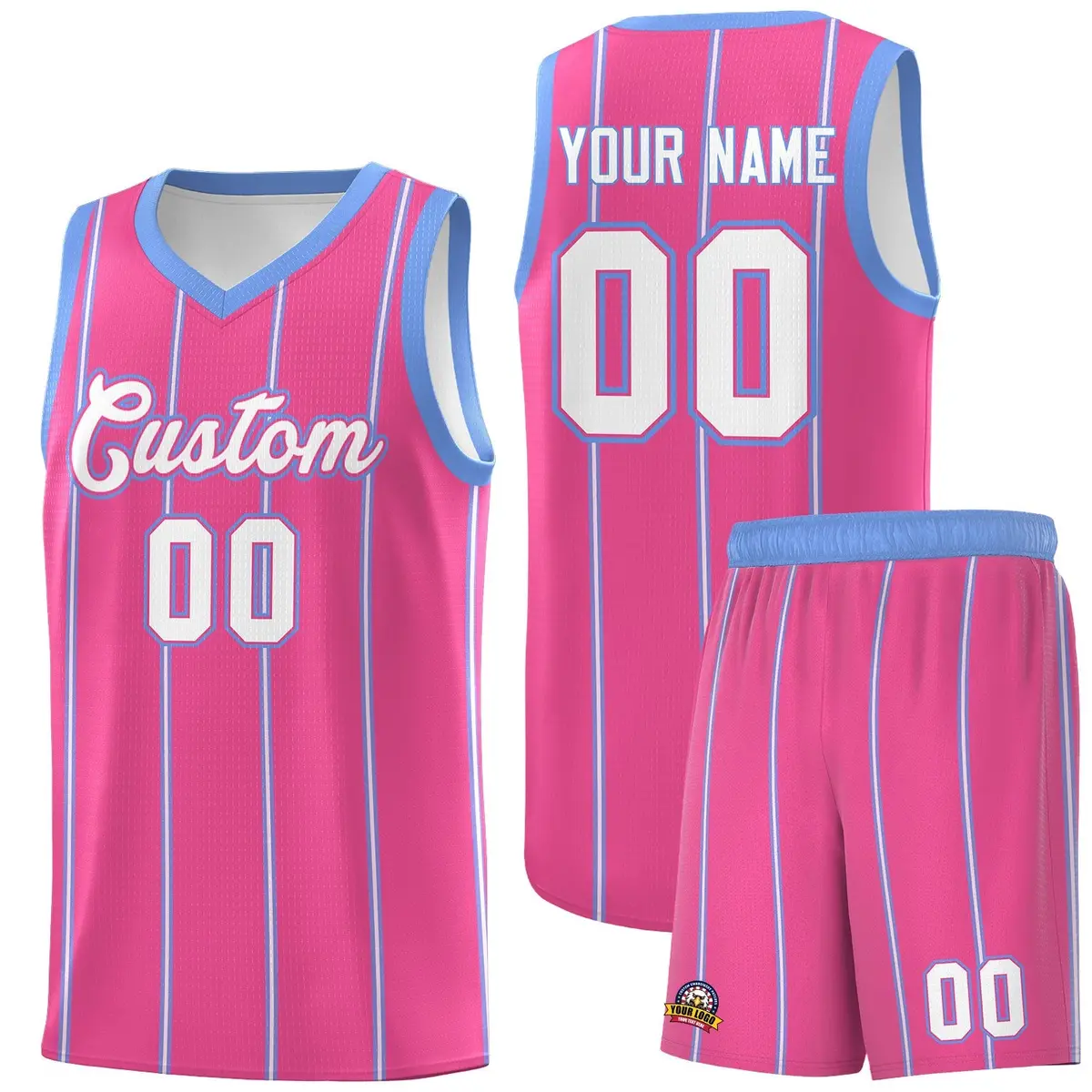 Pink Light Blue White Vertical Stripes Basketball Jersey Set