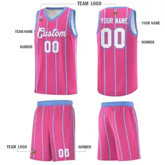Pink Light Blue White Vertical Stripes Basketball Jersey Set 5