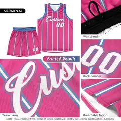 Pink Light Blue White Vertical Stripes Basketball Jersey Set 6