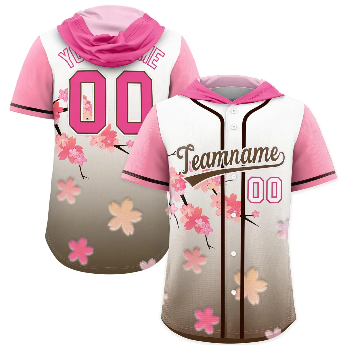 Pink Light Brown Cherry Blossoms Raglan Hooded Baseball Jersey