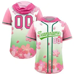Pink Light Green Cherry Blossoms Raglan Hooded Baseball Jersey