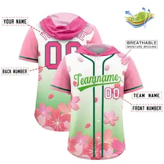 Pink Light Green Cherry Blossoms Raglan Hooded Baseball Jersey 2