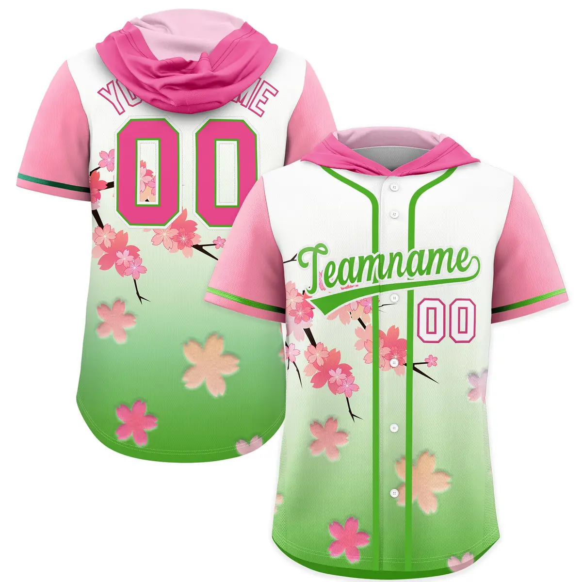Pink Light Green Cherry Blossoms Raglan Hooded Baseball Jersey