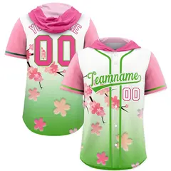 Pink Light Green Cherry Blossoms Raglan Hooded Baseball Jersey