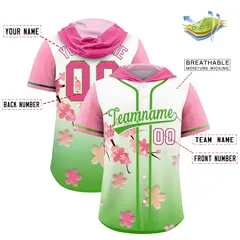 Pink Light Green Cherry Blossoms Raglan Hooded Baseball Jersey 2
