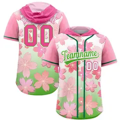 Pink Light Green Cherry Blossoms Raglan Hooded Baseball Jersey 1