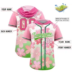 Pink Light Green Cherry Blossoms Raglan Hooded Baseball Jersey 2