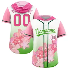 Pink Light Green Cherry Blossoms Raglan Hooded Baseball Jersey 1