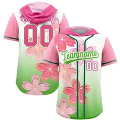 Pink Light Green Cherry Blossoms Raglan Hooded Baseball Jersey 1