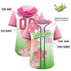 Pink Light Green Cherry Blossoms Raglan Hooded Baseball Jersey 2