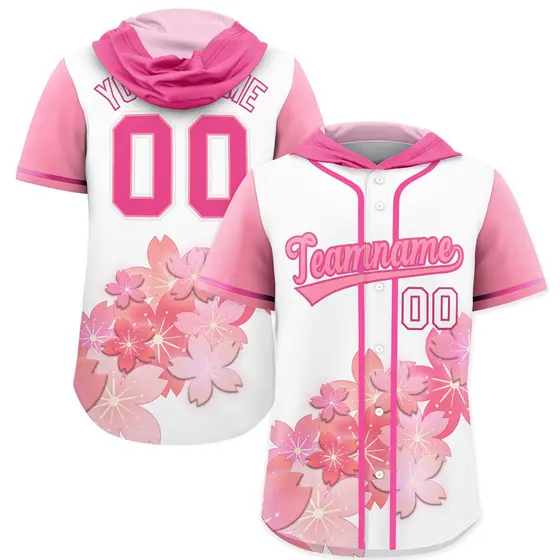 Pink Light Pink Cherry Blossoms Raglan Hooded Baseball Jersey
