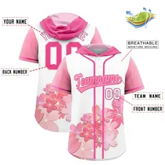 Pink Light Pink Cherry Blossoms Raglan Hooded Baseball Jersey 2