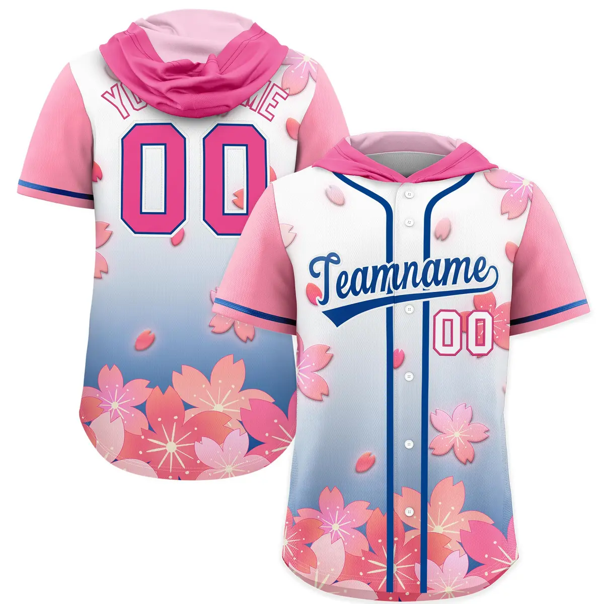 Pink Midnight Blue Cherry Blossoms Raglan Hooded Baseball Jersey