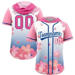 Pink Midnight Blue Cherry Blossoms Raglan Hooded Baseball Jersey