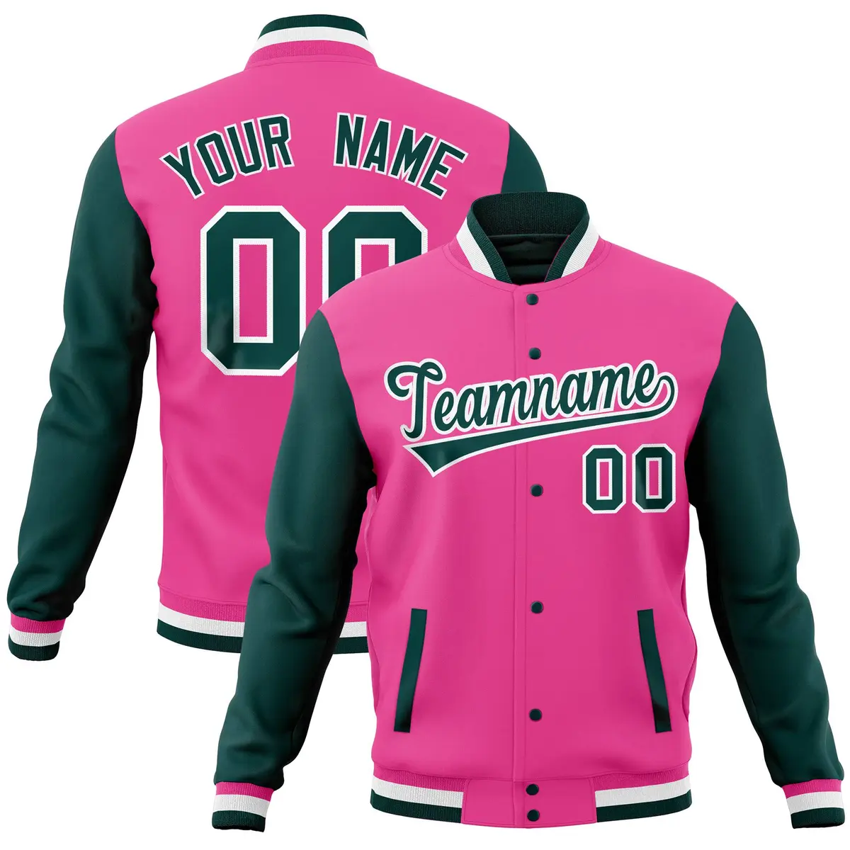 Pink Midnight Green Full-Snap Raglan Varsity Letterman Baseball Jacket