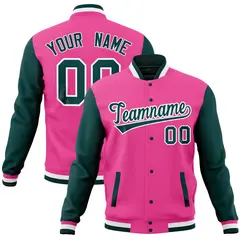 Pink Midnight Green Full-Snap Raglan Varsity Letterman Baseball Jacket