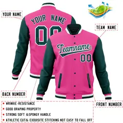 Pink Midnight Green Full-Snap Raglan Varsity Letterman Baseball Jacket 4