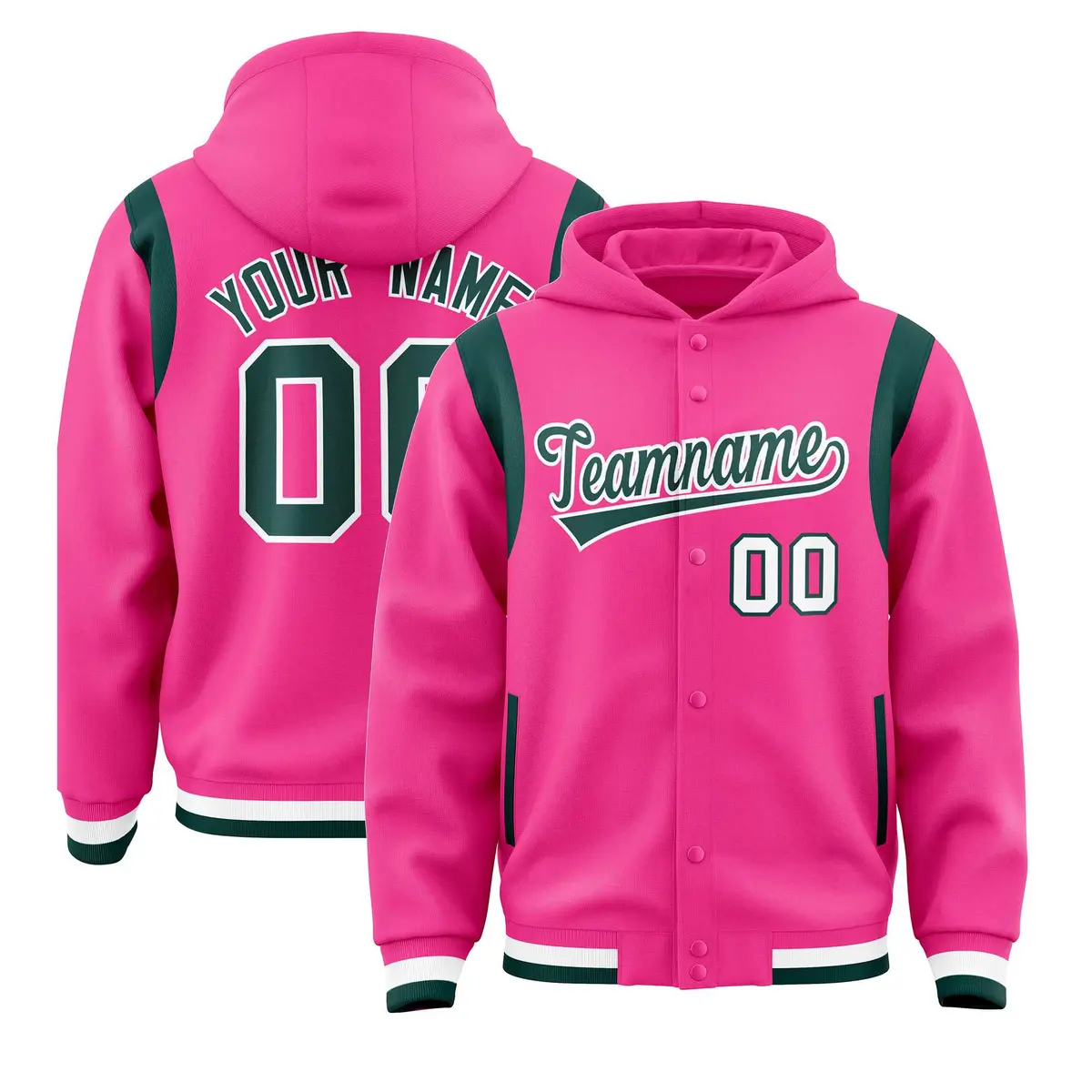 Pink Midnight Green Shoulder Color Block Varsity Letterman Jacket Hoodie