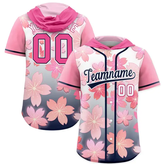 Pink Navy Cherry Blossoms Raglan Hooded Baseball Jersey