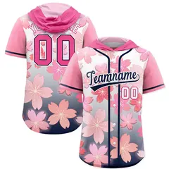 Pink Navy Cherry Blossoms Raglan Hooded Baseball Jersey 1