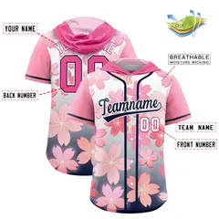 Pink Navy Cherry Blossoms Raglan Hooded Baseball Jersey 2