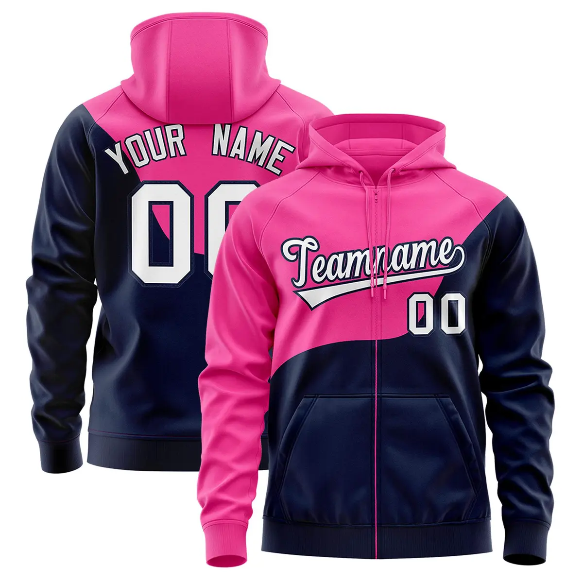 Pink Navy Color Block Varsity Full-Zip Letterman Wave Jacket Hoodie