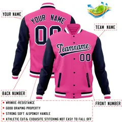 Pink Navy Full-Snap Raglan Varsity Letterman Baseball Jacket 4