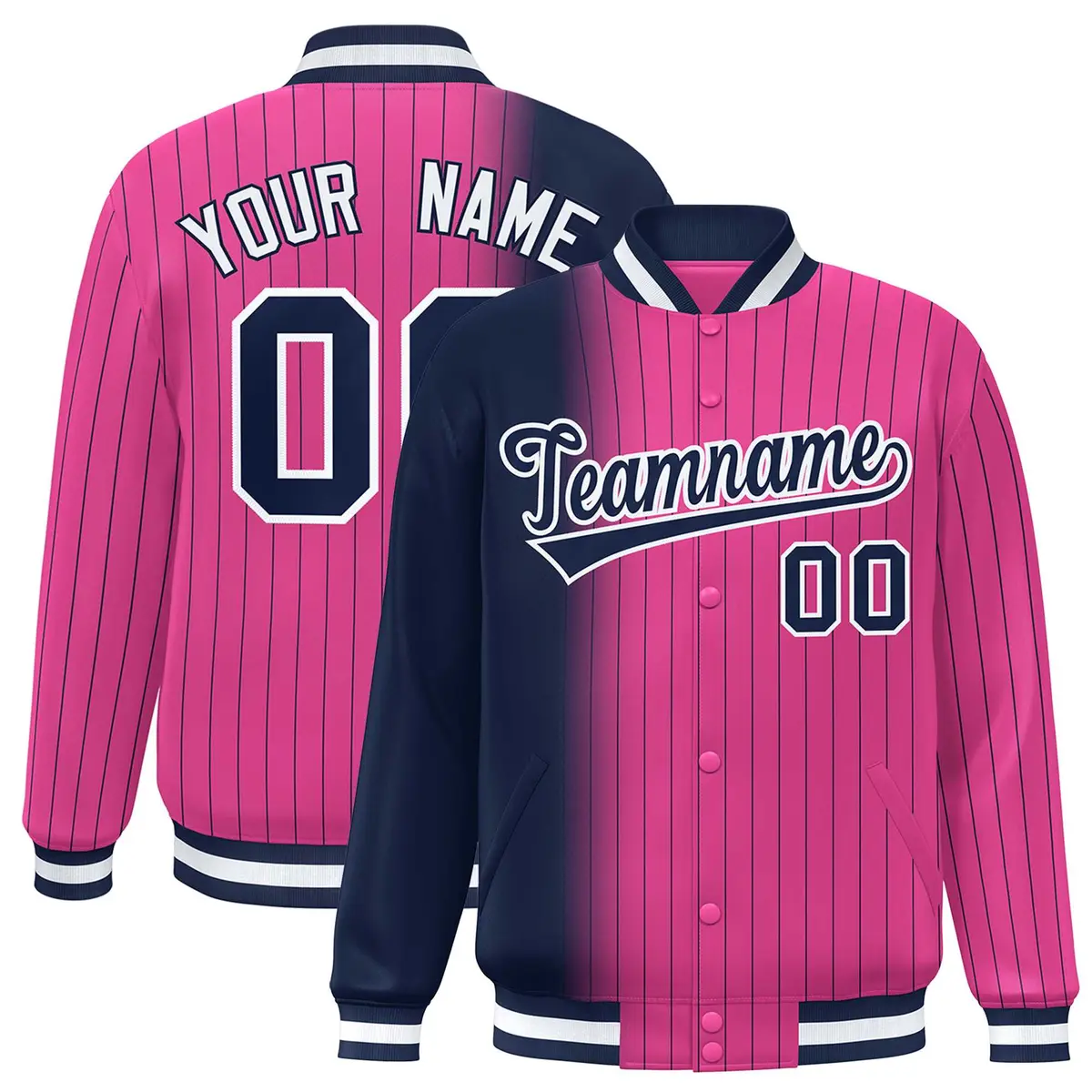Pink Navy Gradient Pinstripe Varsity Full-Snap Letterman Baseball Jacket