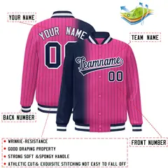 Pink Navy Gradient Pinstripe Varsity Full-Snap Letterman Baseball Jacket 2