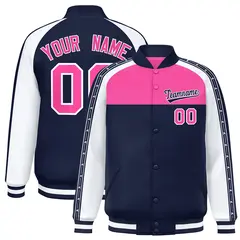 Pink Navy K-Ribbon Raglan Color Block Varsity Letterman Jacket 1
