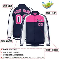 Pink Navy K-Ribbon Raglan Color Block Varsity Letterman Jacket 2