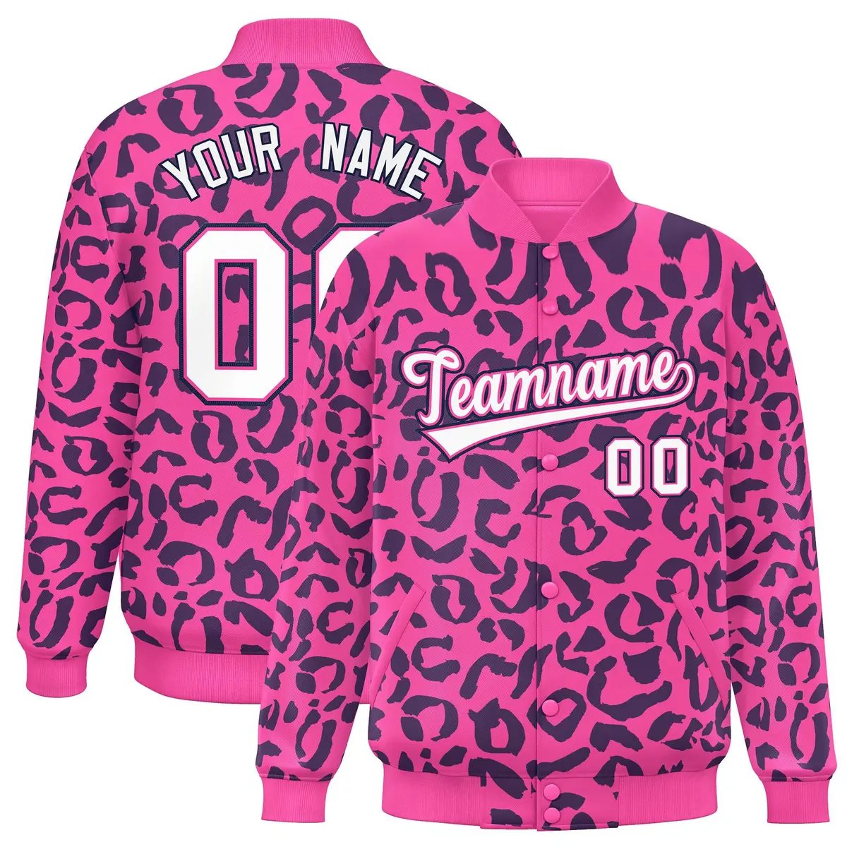 Pink Navy Leopard Graffiti Varsity Full-Snap Letterman Baseball Jacket