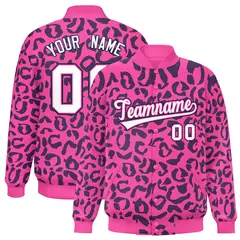 Pink Navy Leopard Graffiti Varsity Full-Snap Letterman Baseball Jacket