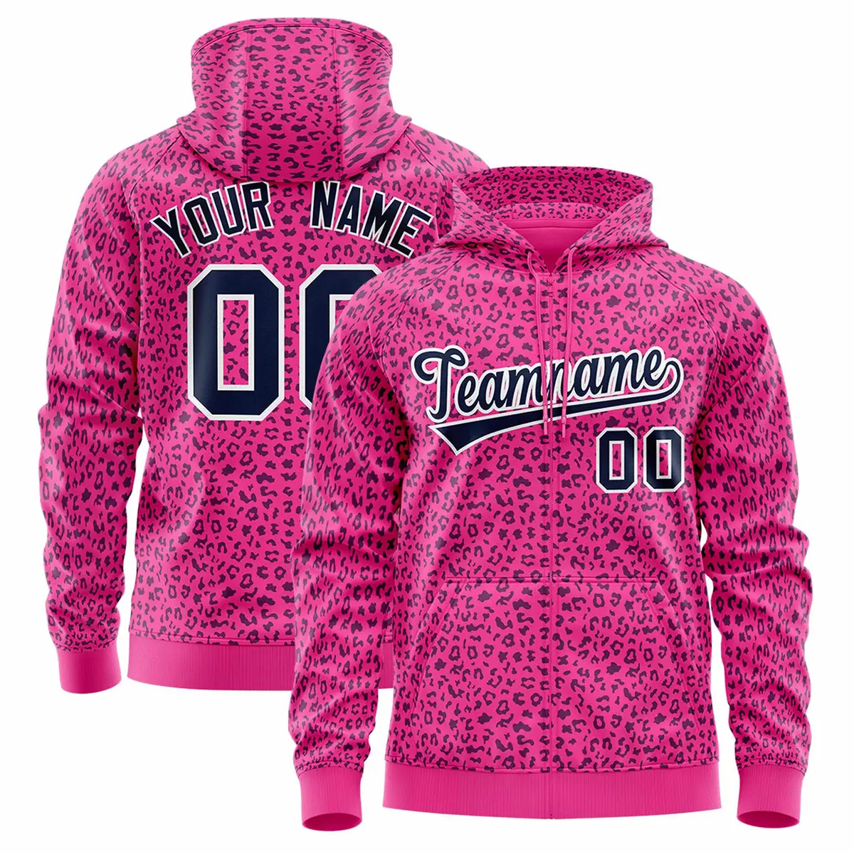 Pink Navy Leopard Print Varsity Full-Zip Letterman Jacket Hoodie