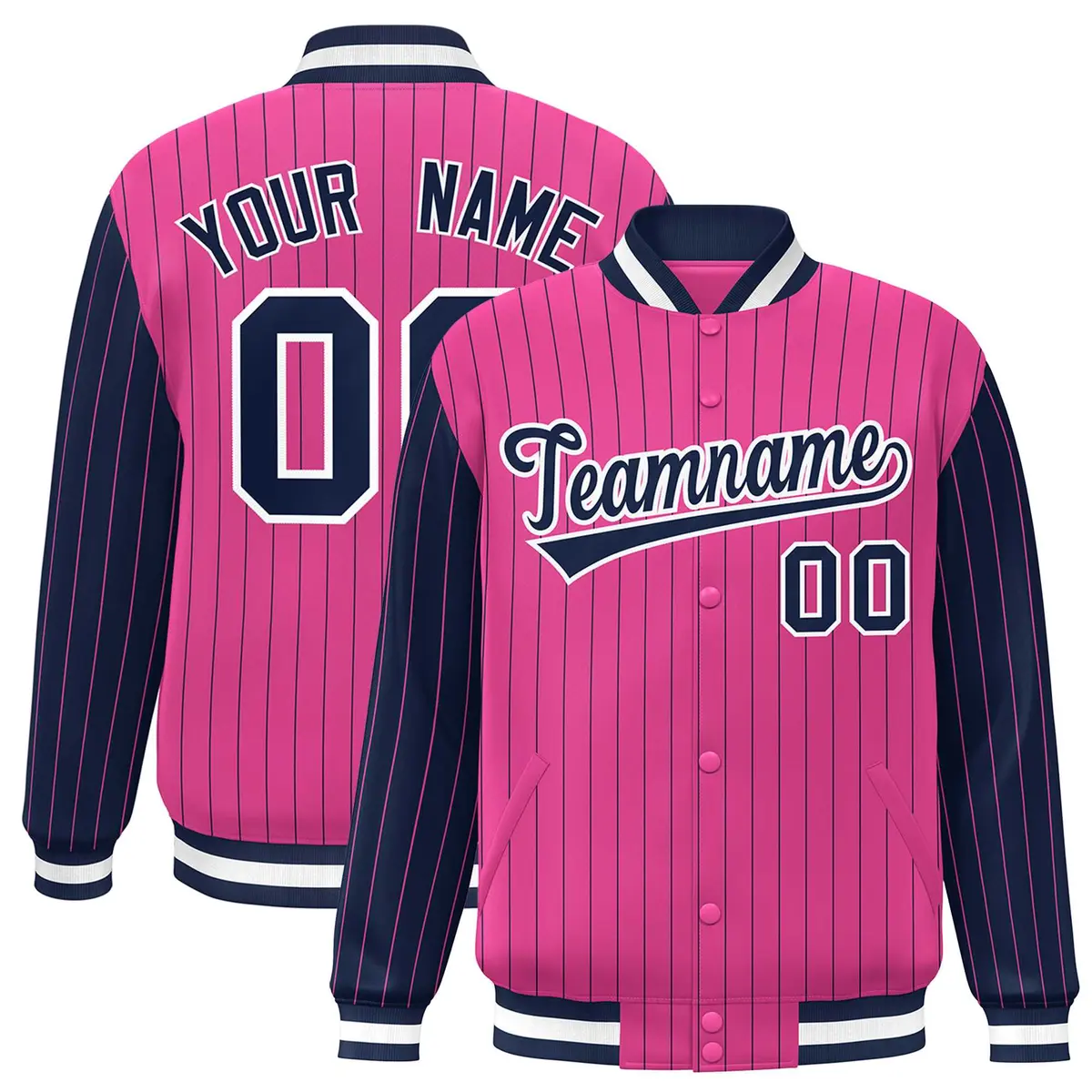 Pink Navy Pinstripe Raglan Varsity Letterman Baseball Jacket