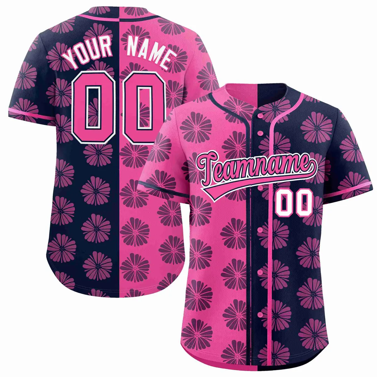 Pink Navy Split Flower Graffiti Authentic Baseball Jersey