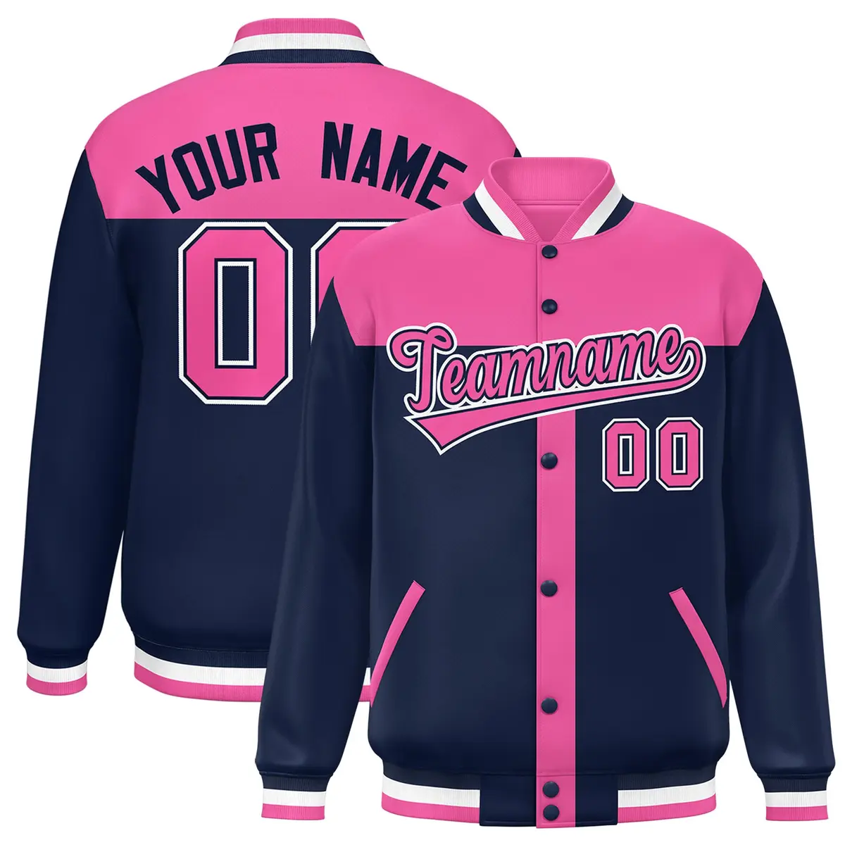 Pink Navy Varsity Baseball Color Block Bomber Jacket