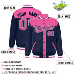 Pink Navy Varsity Baseball Color Block Bomber Jacket 2