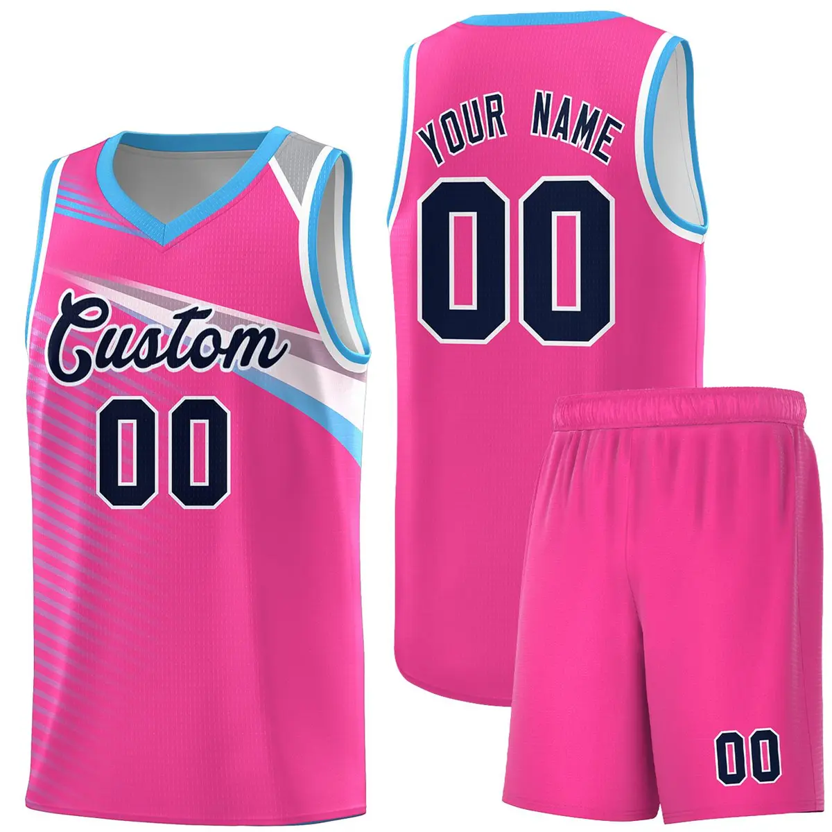 Pink Navy-White Chest Color Block Basketball Jersey