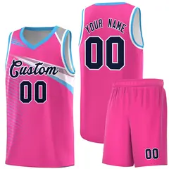 Pink Navy-White Chest Color Block Basketball Jersey
